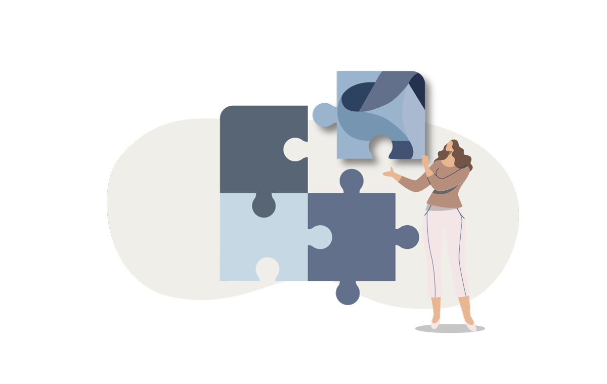 Illustration af kvinde der løfter brik med logo – symbol på Triomé Brandings rolle i at styrke marketingteamet