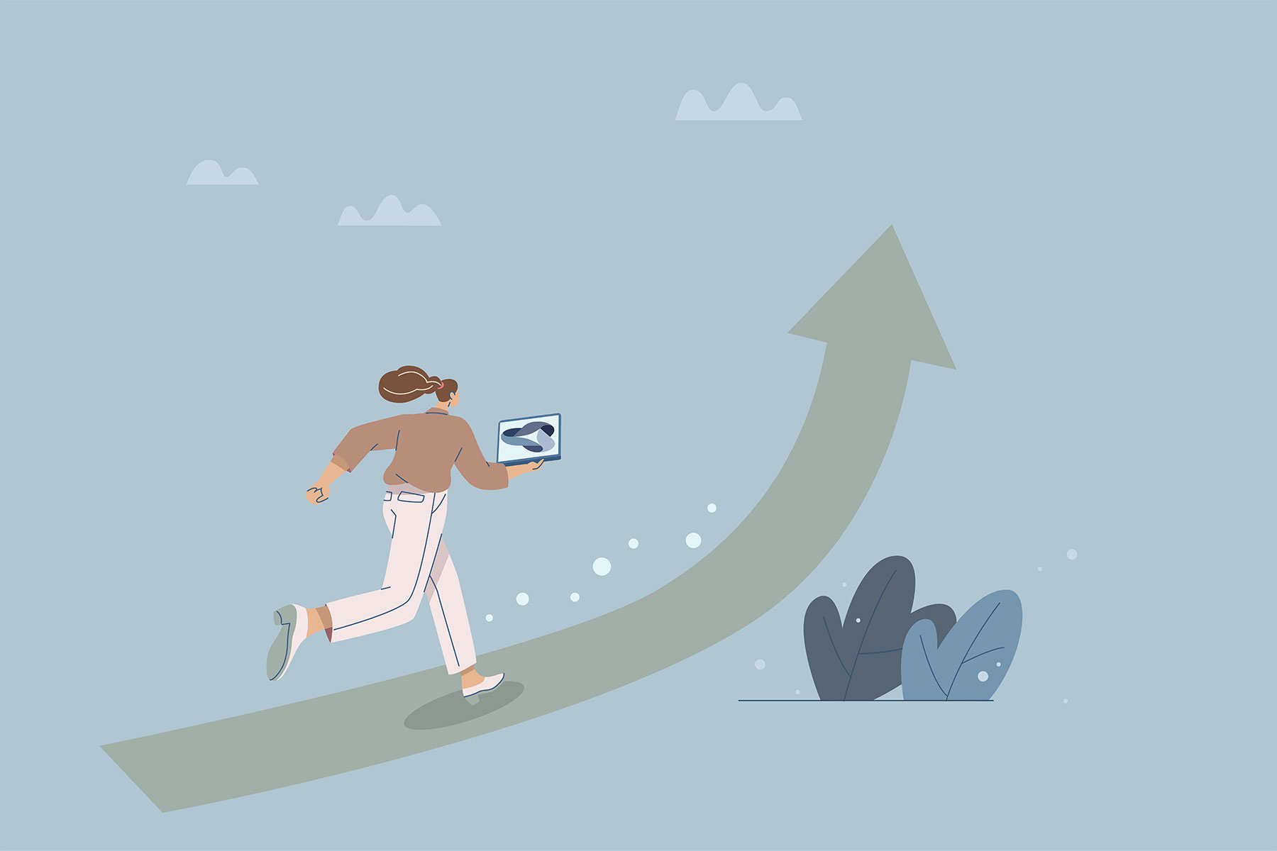 Illustration af kvinde med laptop på opadgående pil – symbol på marketingfremdrift og vækst