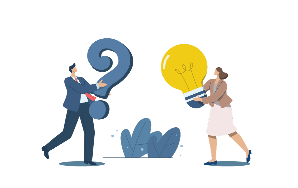 Person med spørgsmålstegn møder person med lyspære – symbol på, hvordan Triomé Branding tilbyder strategisk sparring og fleksibel marketinghjælp